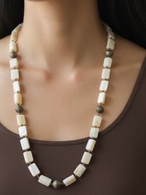 HAND CRAFTED Boho Statement Necklace Antiqued Brass & Italian Onyx White Cream